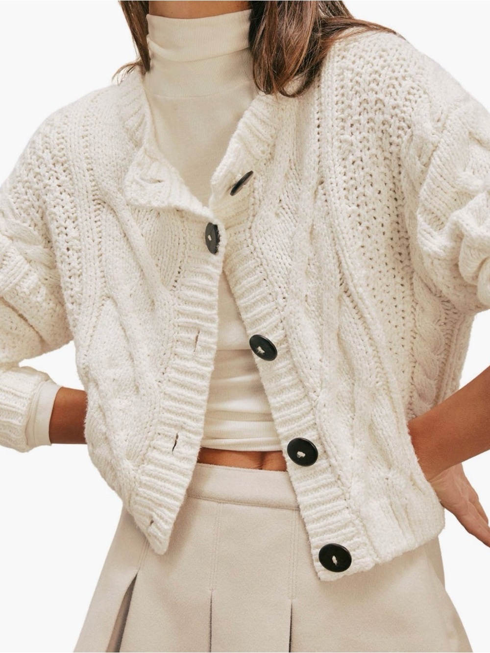 Free People Cream Cable Knit Button Cardigan